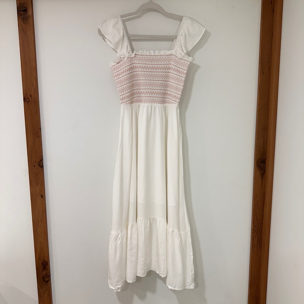Allegra K Smocked Midi Dress Womens Small White‎ Pink Embroidered Ruffle Cottage